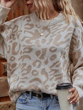 Cream Beige Abstract Leopard Oversized Sweater XXL